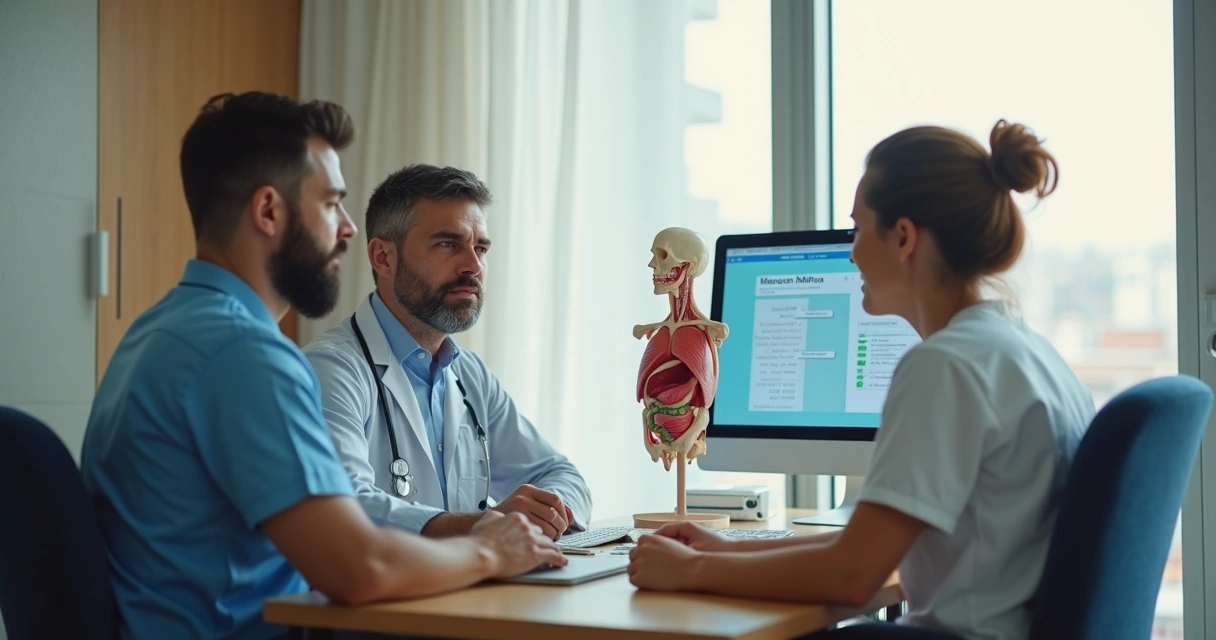 Médico em consulta com casal conversando sobre tratamento sexual 