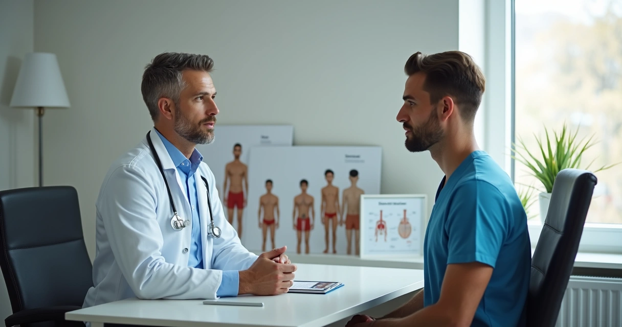 Consulta urológica com conversa entre médico e paciente 
