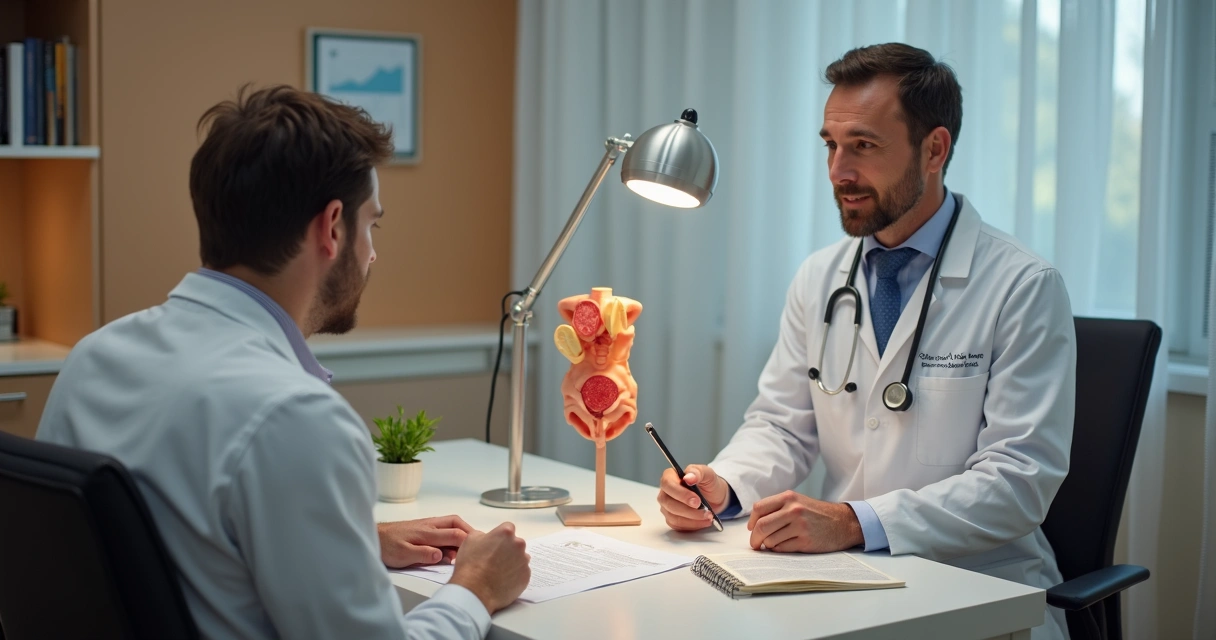 Consulta urológica com médico conversando e apontando exames 