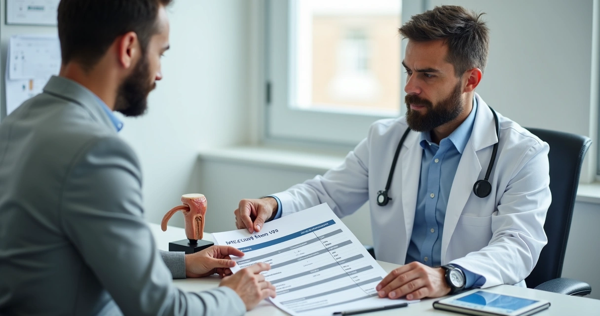 Consulta urológica com médico mostrando esquema de custos cirúrgicos 