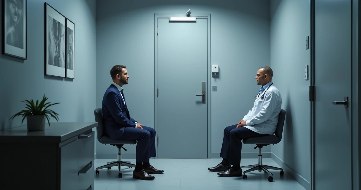 Consultório urológico discreto com médico e paciente conversando em sala reservada