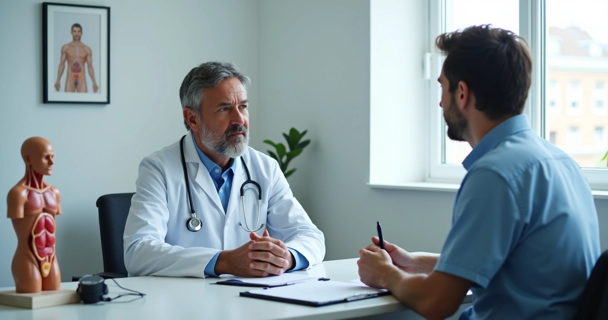 Consulta urológica com conversa entre médico e paciente