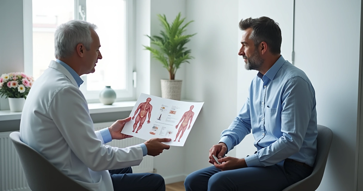 Urologista explicando opções de prótese peniana ao paciente 