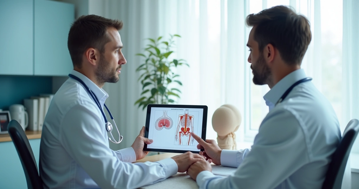 Consulta médica com homem e urologista em escritório clínico 