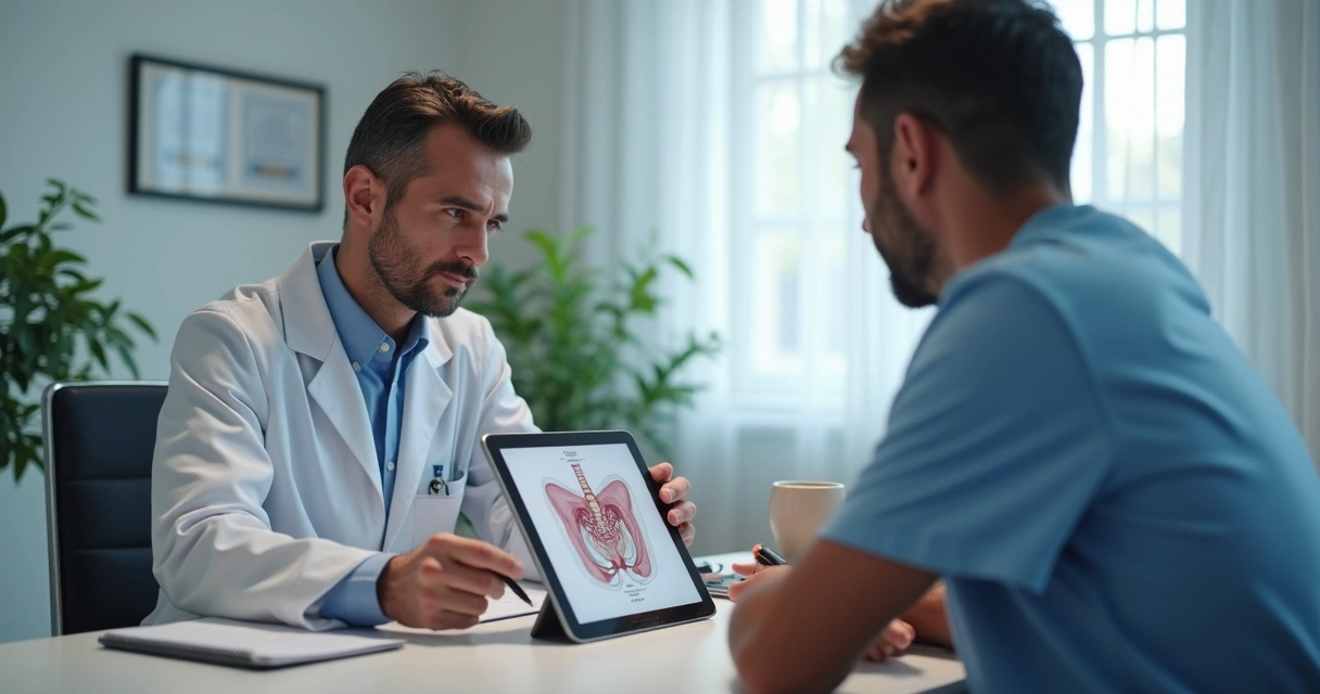 Médico urologista mostrando esquema anatômico em consulta 