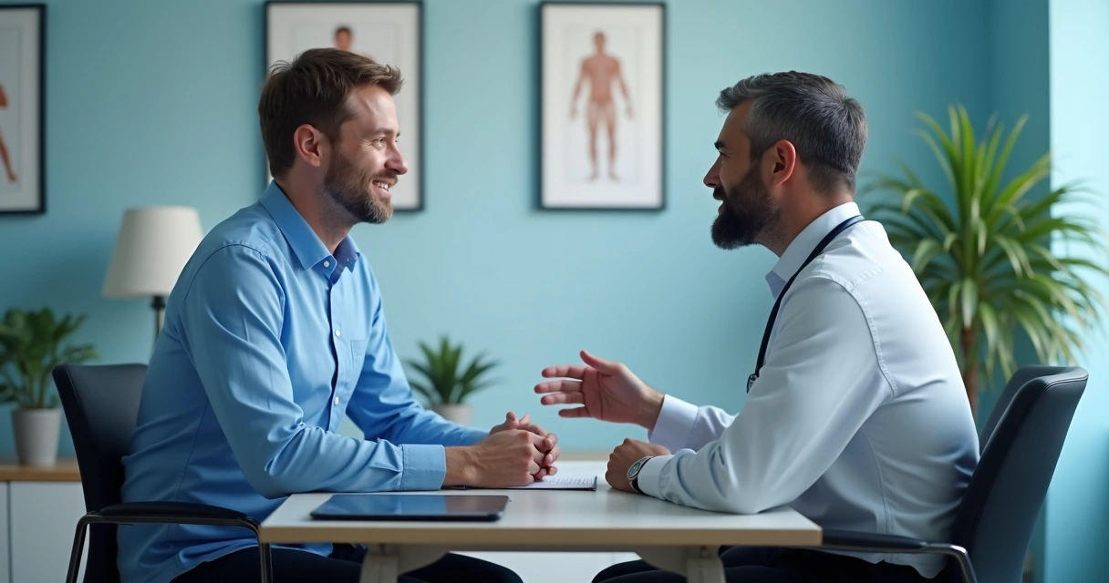 Consulta médica com paciente masculino em ambiente reservado 