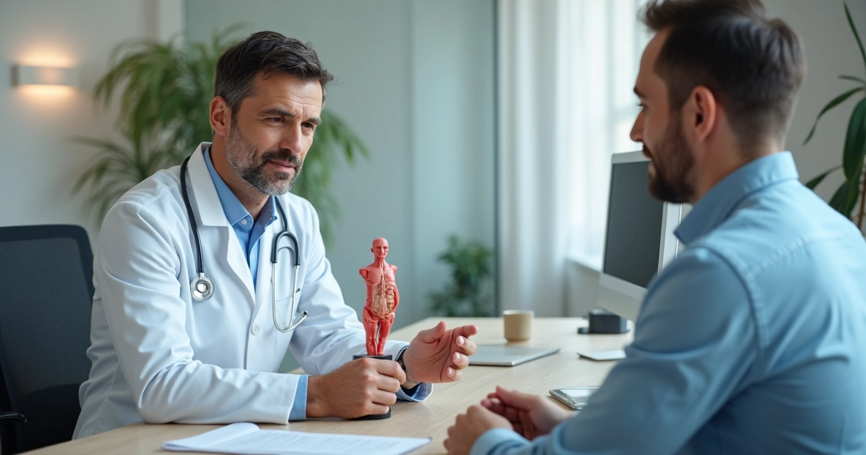 Médico mostrando modelo anatômico em consulta urológica 