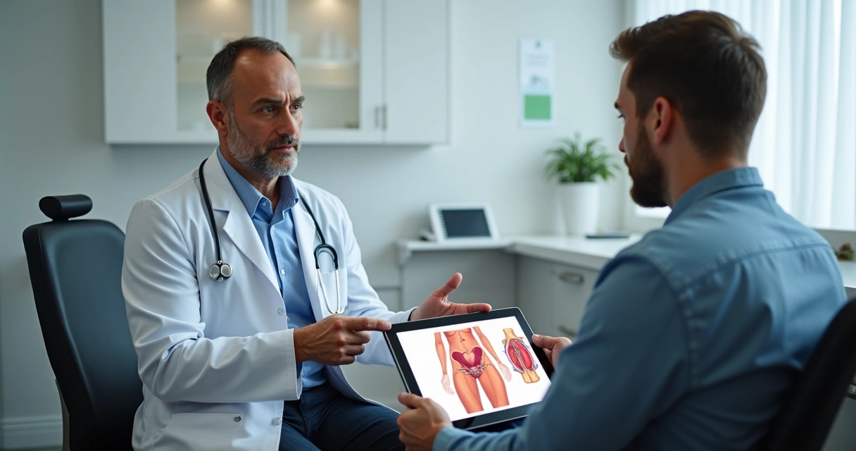 Consultório urológico moderno com médico explicando procedimento ao paciente