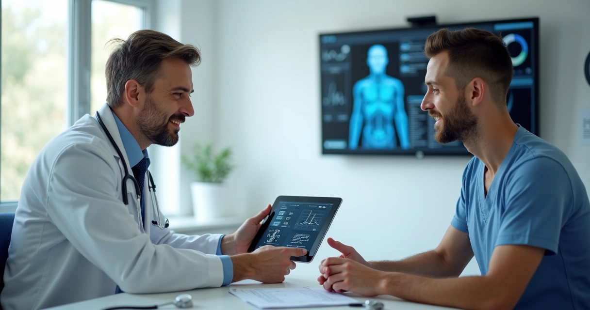 Acompanhamento médico com paciente em avaliação urológica moderna.