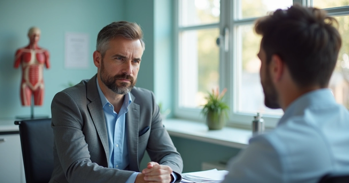 Consultório reservado com homem conversando com médico sobre saúde sexual 
