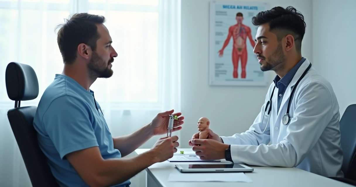 Médico mostrando modelo anatômico em consulta urológica 