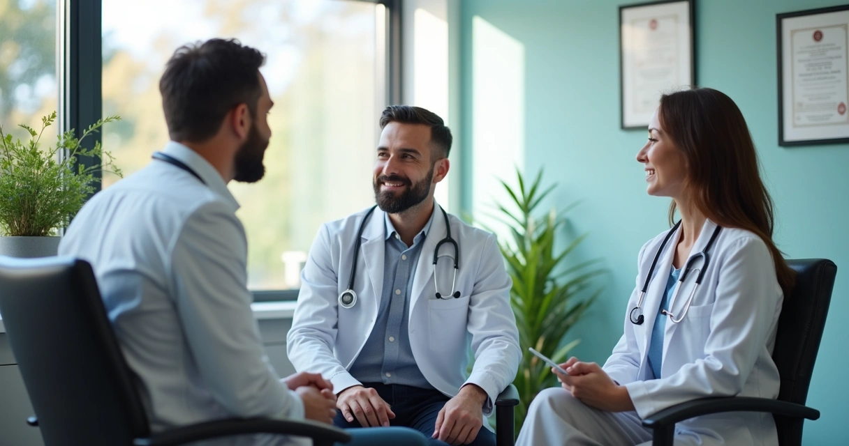 Homem conversando com urologista e psicólogo na clínica