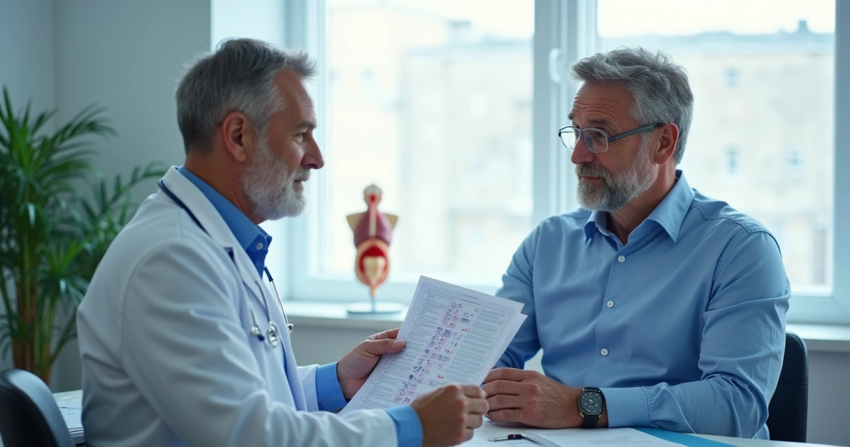 Urologista atendendo paciente em consultório 