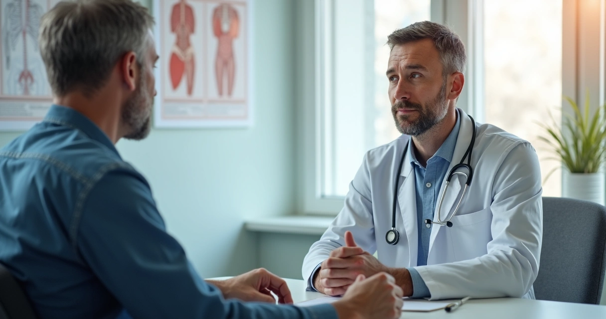 Homem conversando com urologista em consultório 