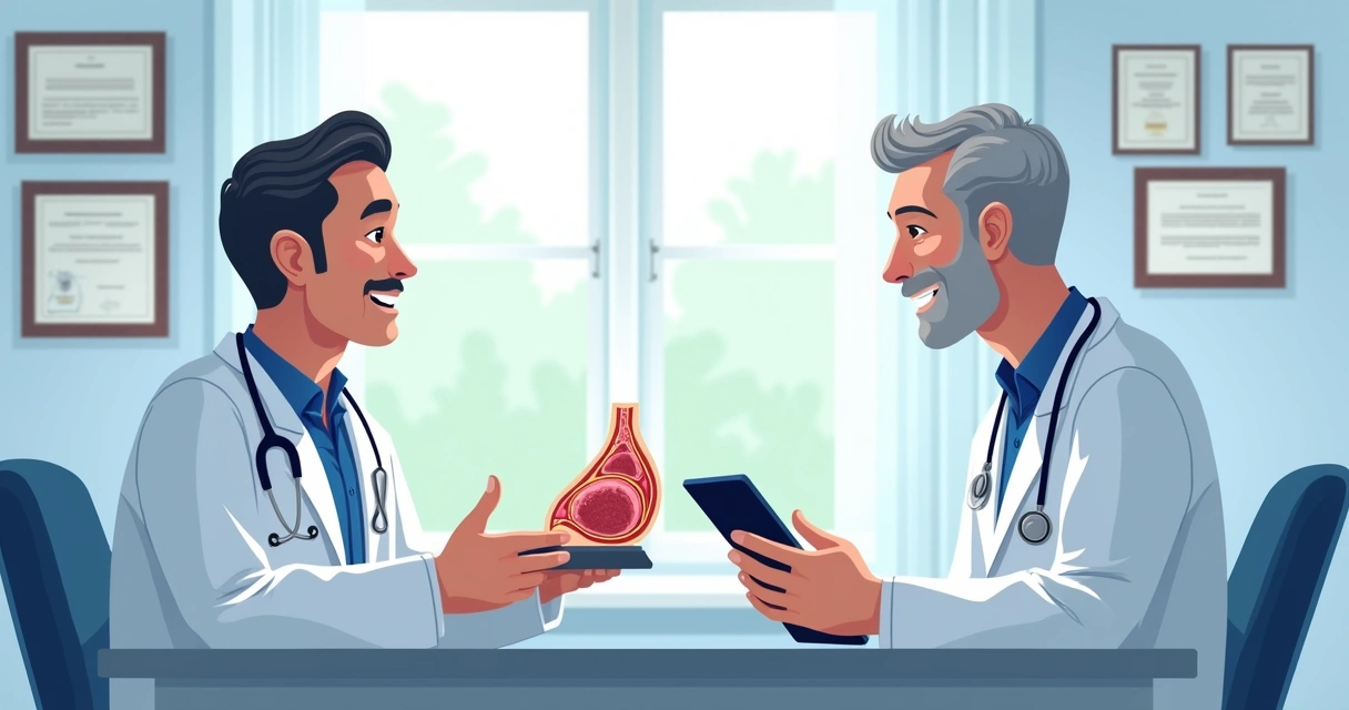 Médico urologista conversando com paciente durante consulta em consultório 