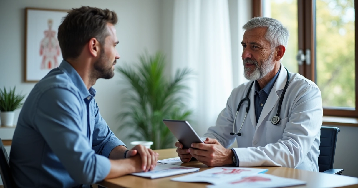 Homem sentado durante consulta médica com urologista 
