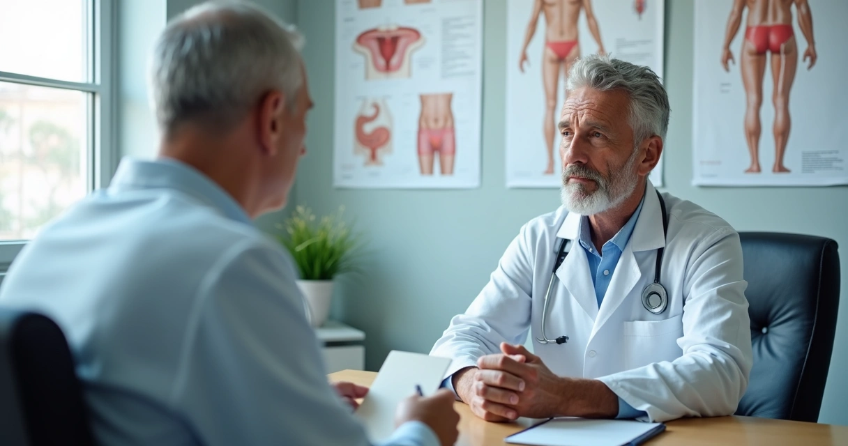 Homem em consulta com urologista focado no diálogo 