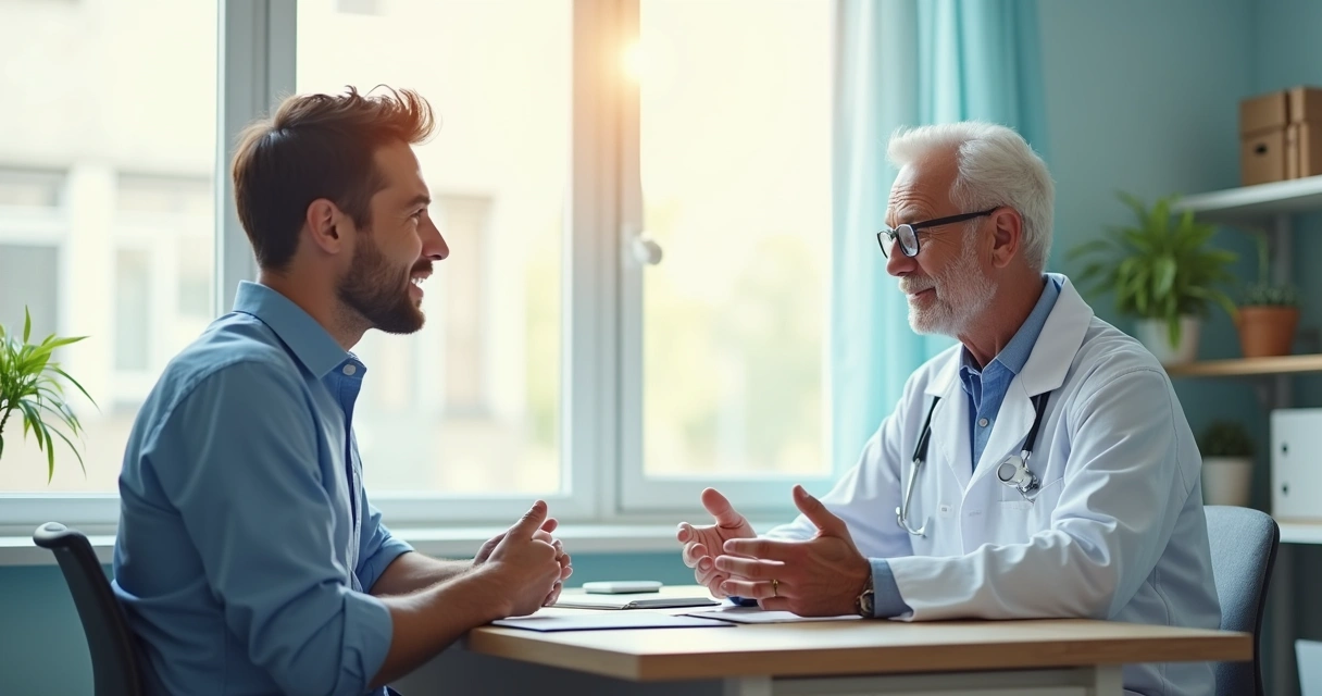 Homem conversando com urologista durante consulta 