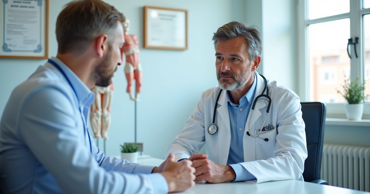 Consultório médico com urologista conversando com paciente 