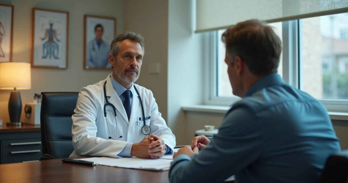Profissional urologista conversando com paciente sentado, tom informal. 