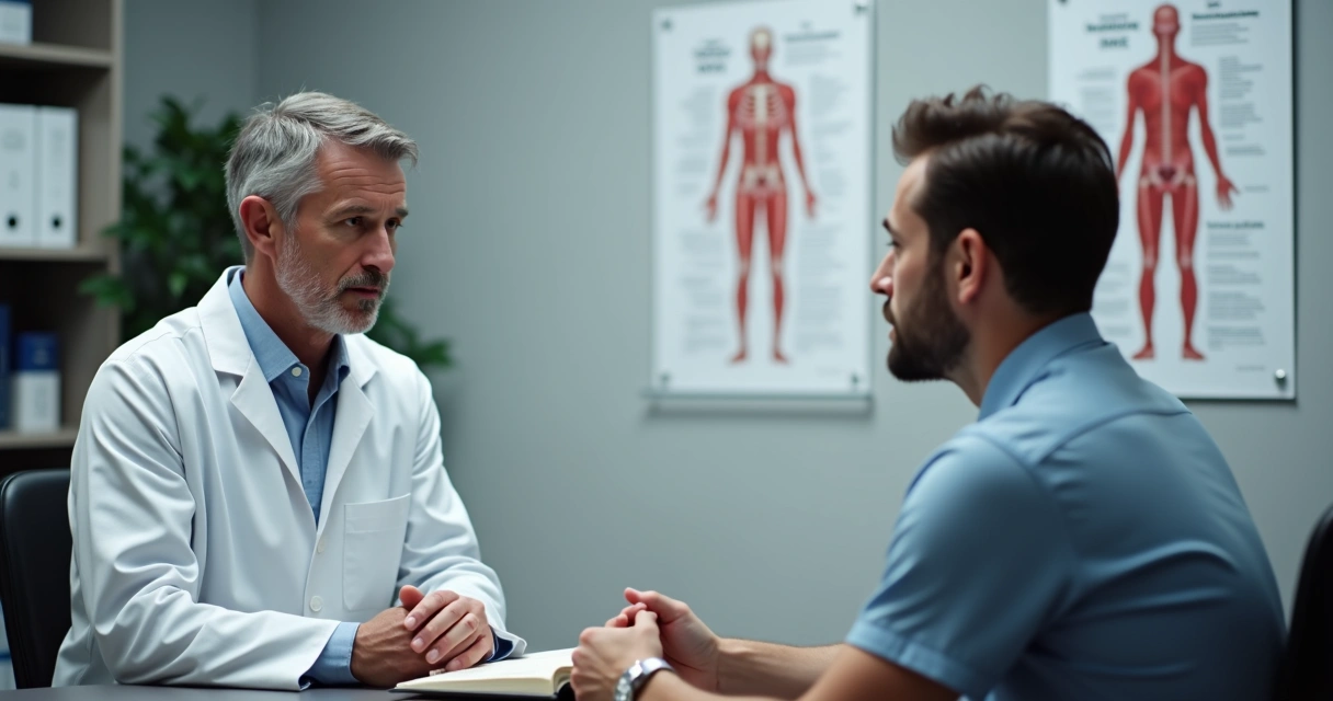 Médico e paciente em consulta, conversando com seriedade