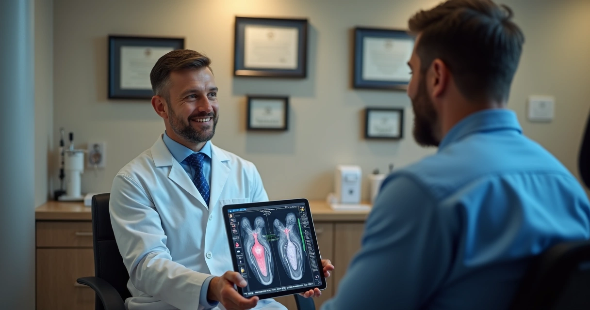 Paciente sendo avaliado por urologista em consultório moderno 
