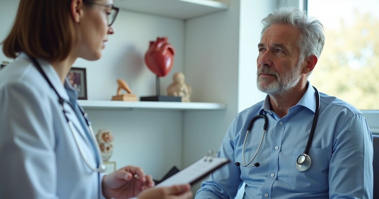 Médico urologista conversando com paciente cardíaco em consulta 