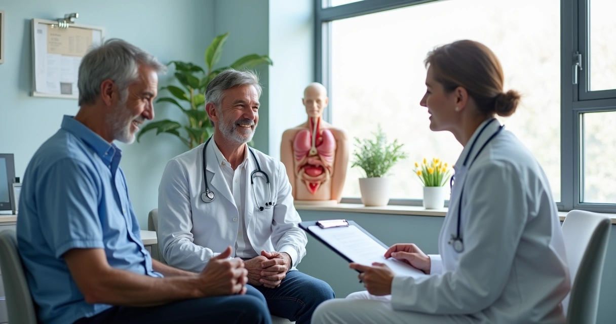 Casal conversando com urologista em consultório moderno 
