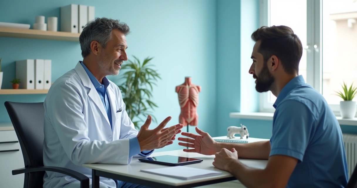 Consulta médica com homem e parceira em ambiente acolhedor 