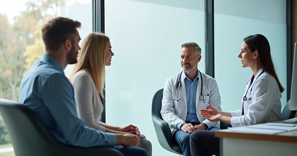 Casal conversa com médico urologista em consultório, com expressões atentas e dialogando. 