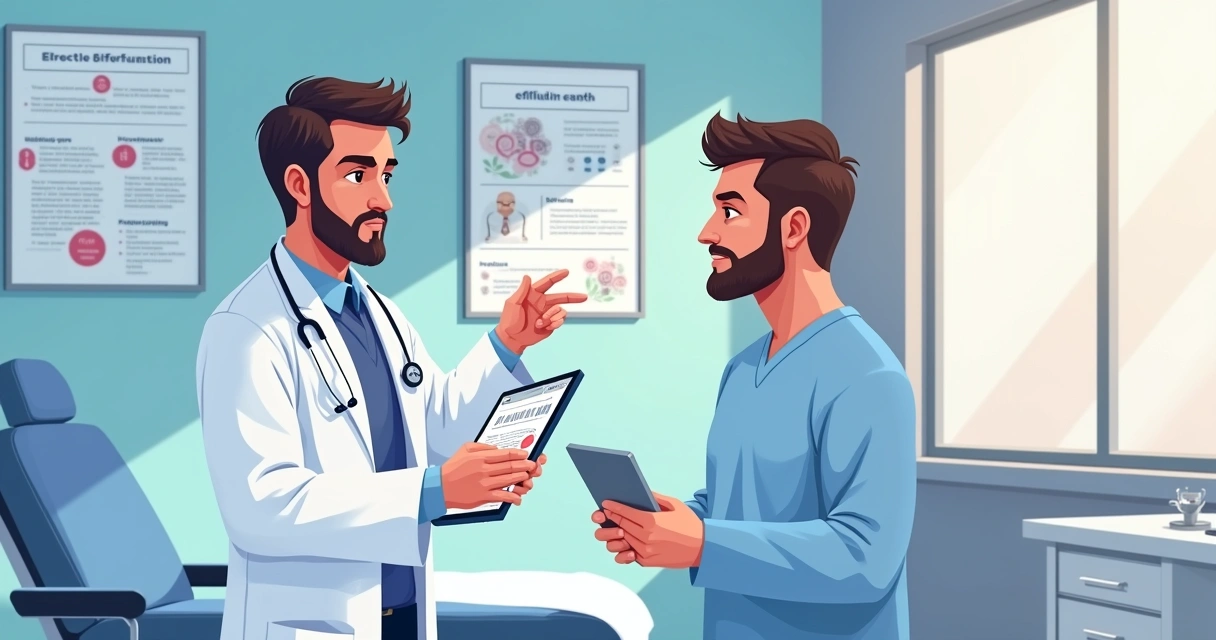 Urologist consulting a patient in a well-lit clinic, discussing examination results with informative posters in the background.
