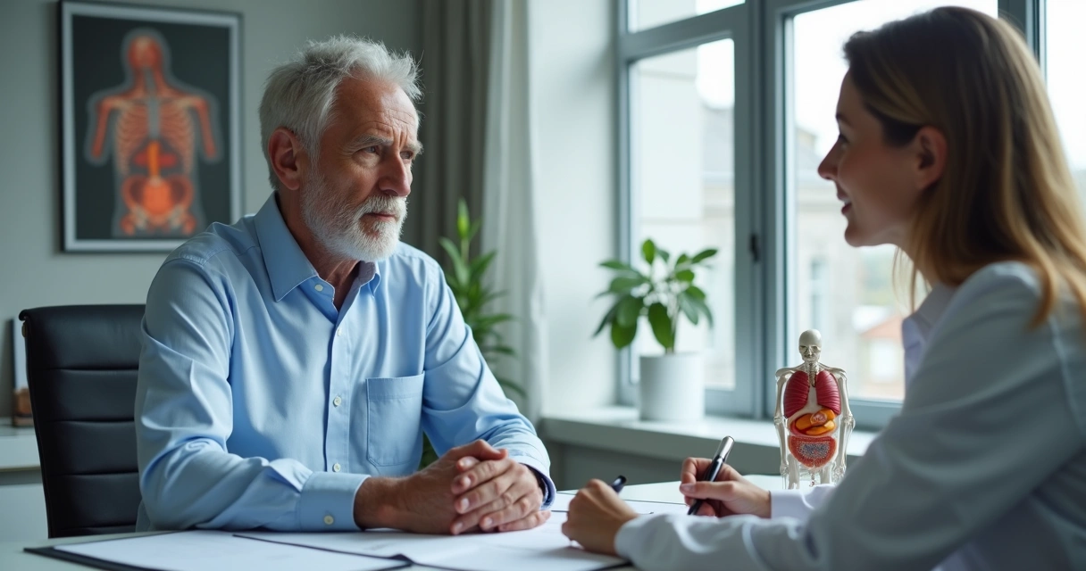 Homem de meia-idade conversando com urologista em consultório moderno 