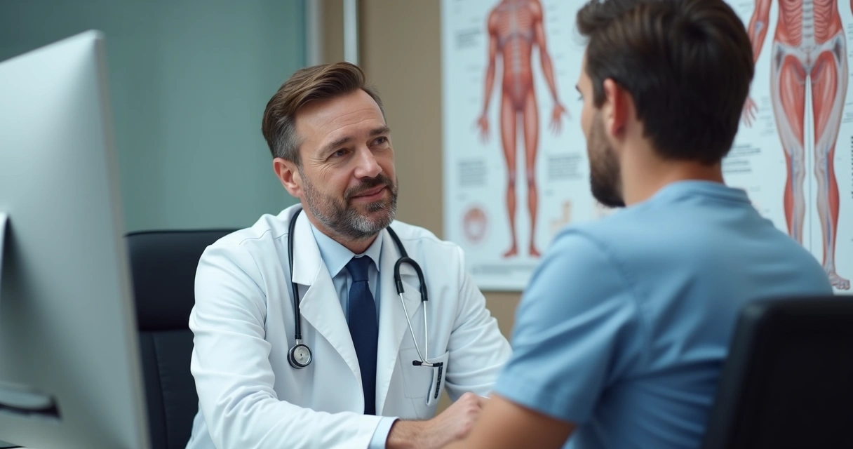 Médico urologista conversando com paciente em consultório moderno