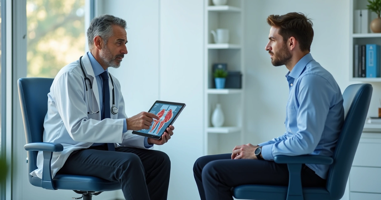 Médico conversando com paciente em consultório urológico 