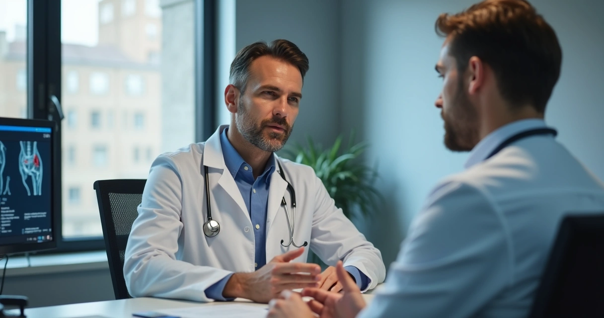 Homem e médico discutindo sobre tratamentos para disfunção erétil em consultório moderno 