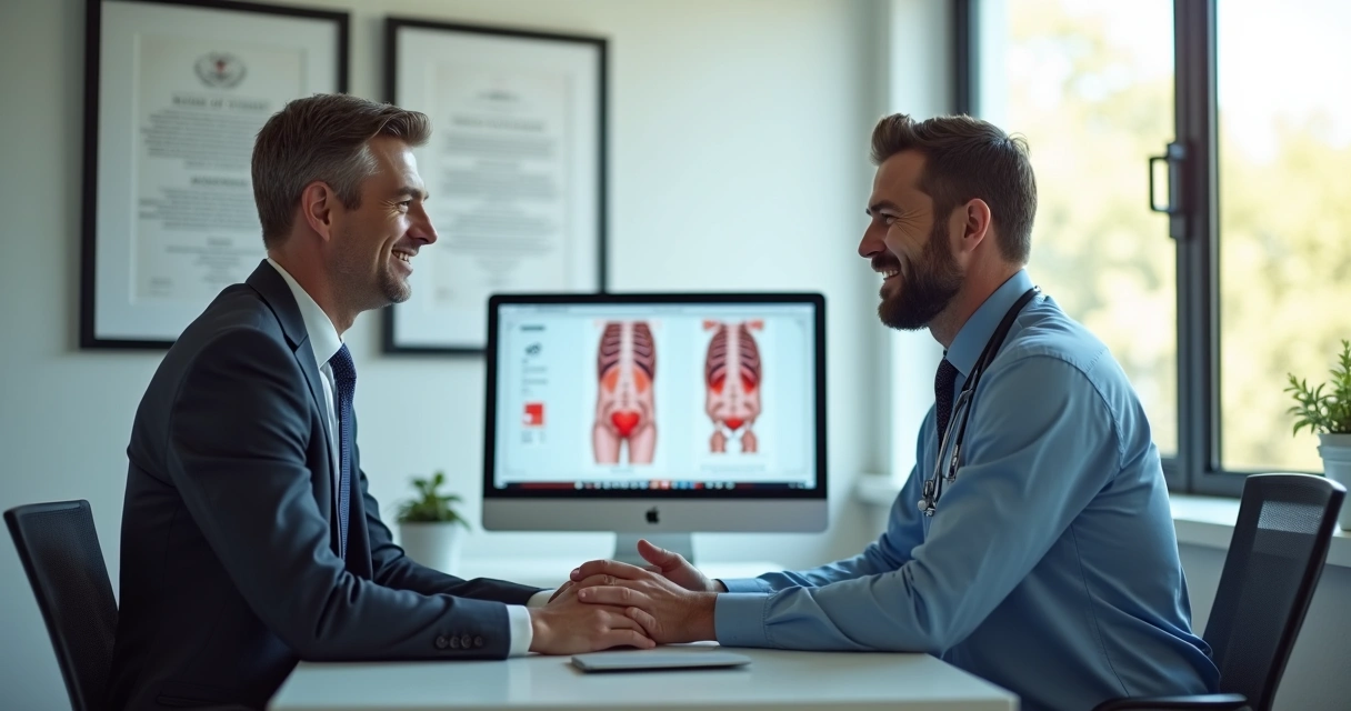 Homem sentado dialogando com urologista em consultório moderno 
