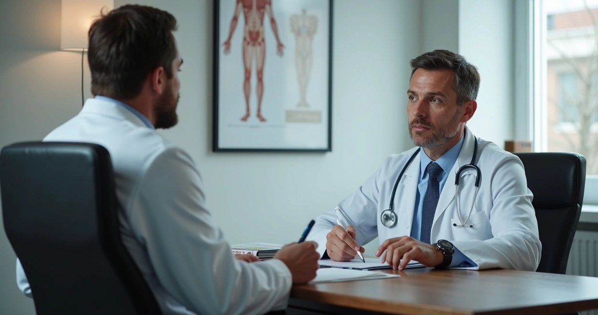 Homem conversa com urologista em consultório tranquilo. 