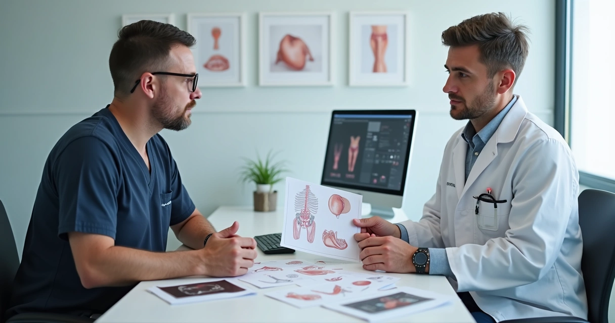 Urologista atendendo paciente masculino em consultório moderno. 