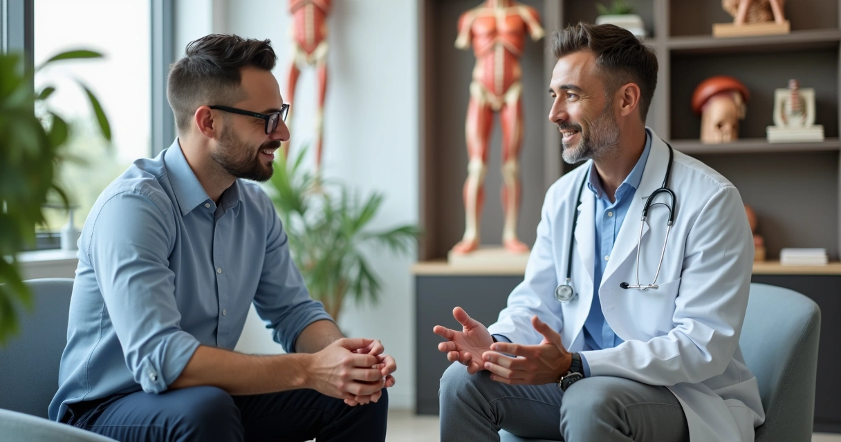 Consultório urológico moderno com paciente e médico conversando sobre saúde estética 