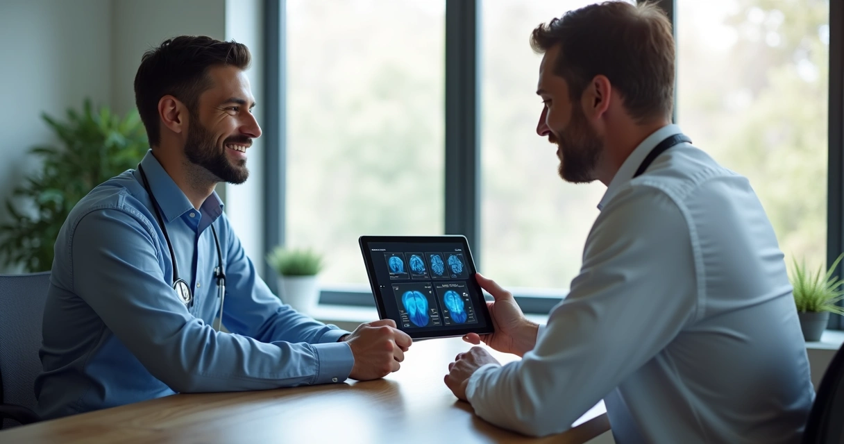 Consulta com urologista mostrando exames hormonais ao paciente
