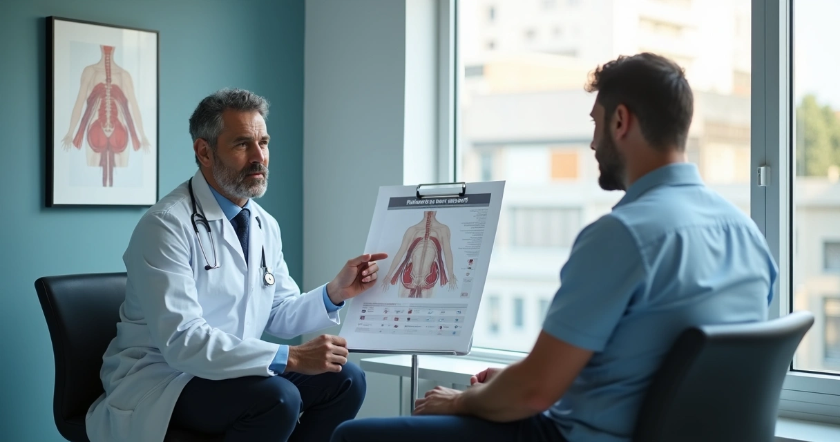 Urologista explicando tratamento para paciente em consultório 