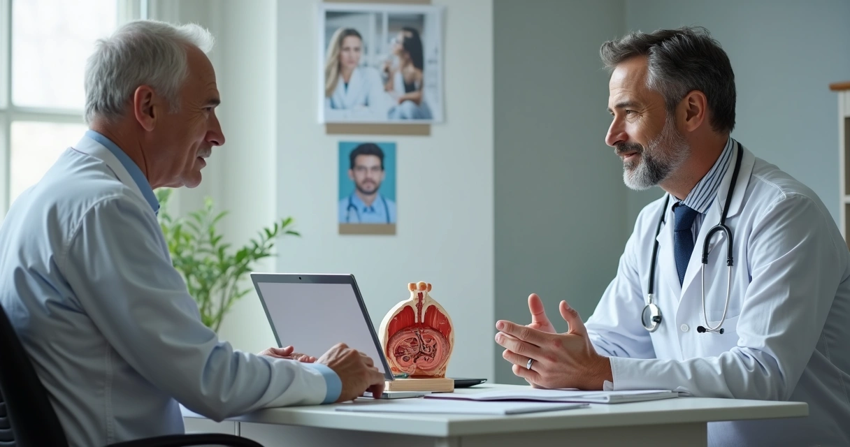 Médico urologista examinando paciente em consultório 