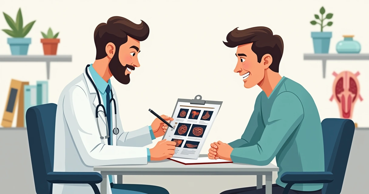 Urologista mostrando exames para paciente durante consulta 