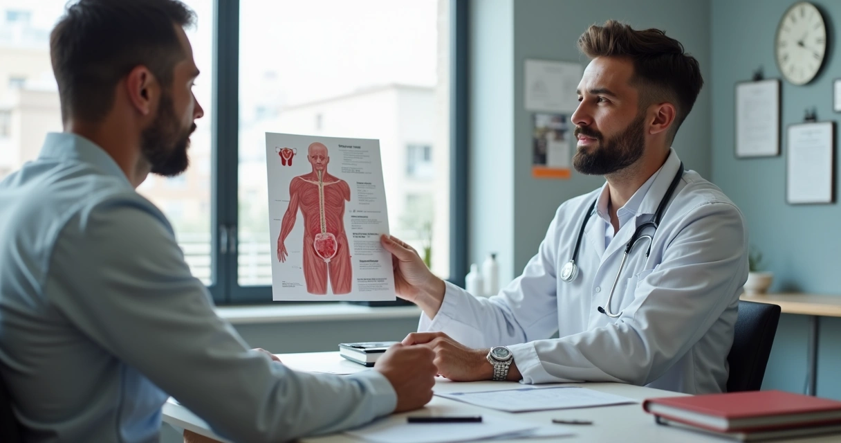 Urologista conversando com paciente em consultório explicando harmonização peniana 