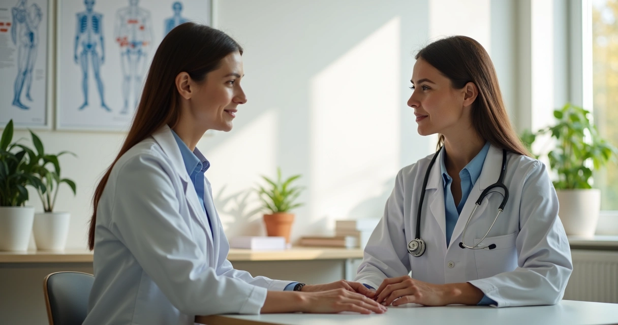 Mulher conversando com urologista em consultório moderno 