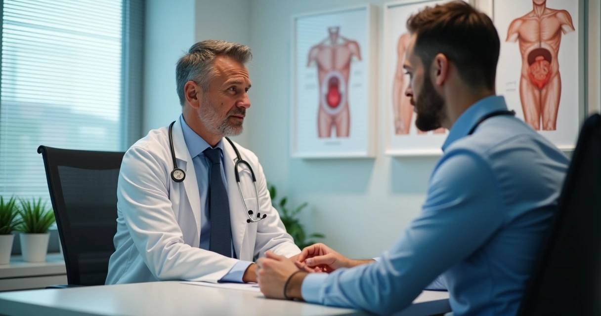 Médico urologista em consulta com paciente explicando harmonização peniana 