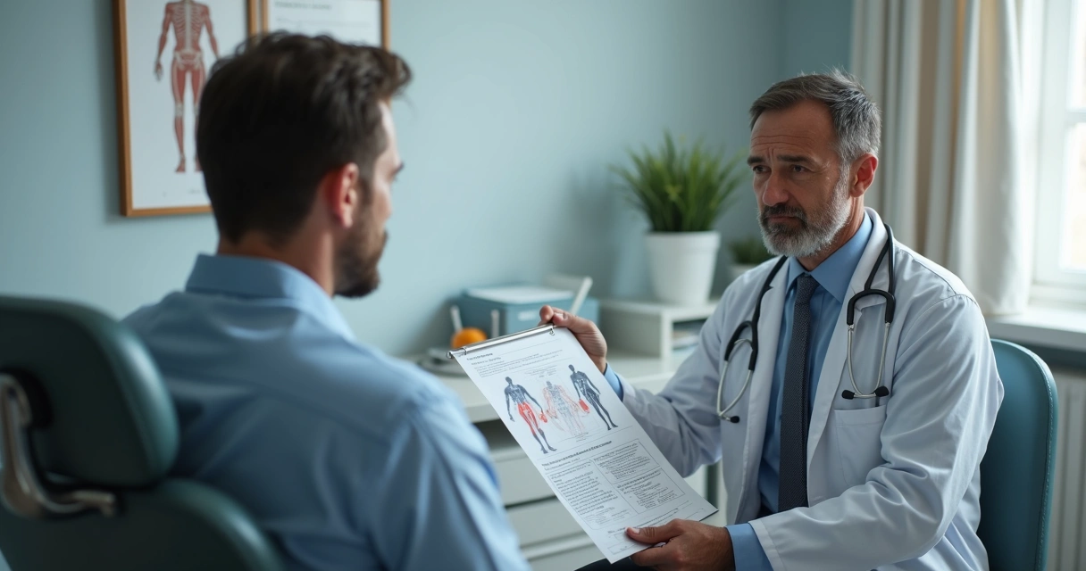 Homem conversa com urologista em clínica sobre harmonização íntima 