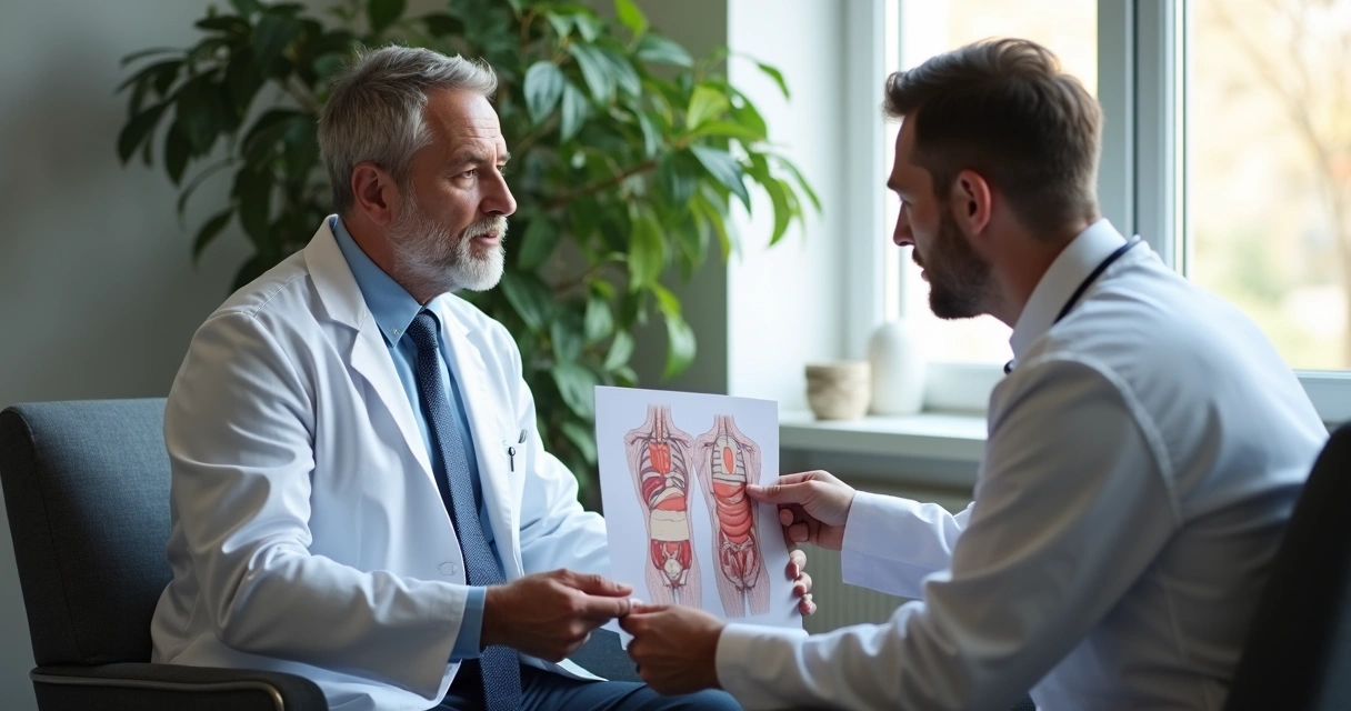 Homem adulto em consulta com urologista em consultório discreto 