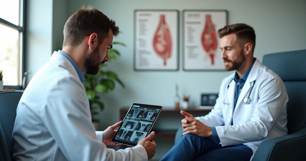 Homem em consulta médica com urologista analisando exames