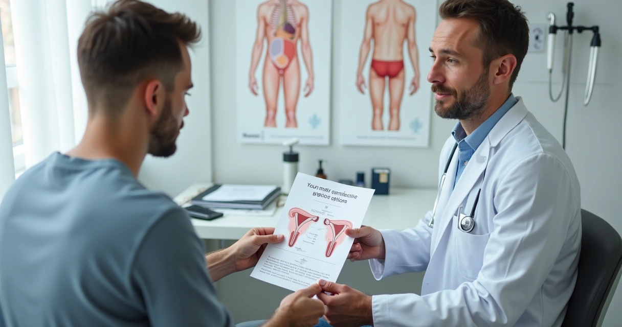 Homem jovem em consulta com urologista discutindo métodos anticoncepcionais